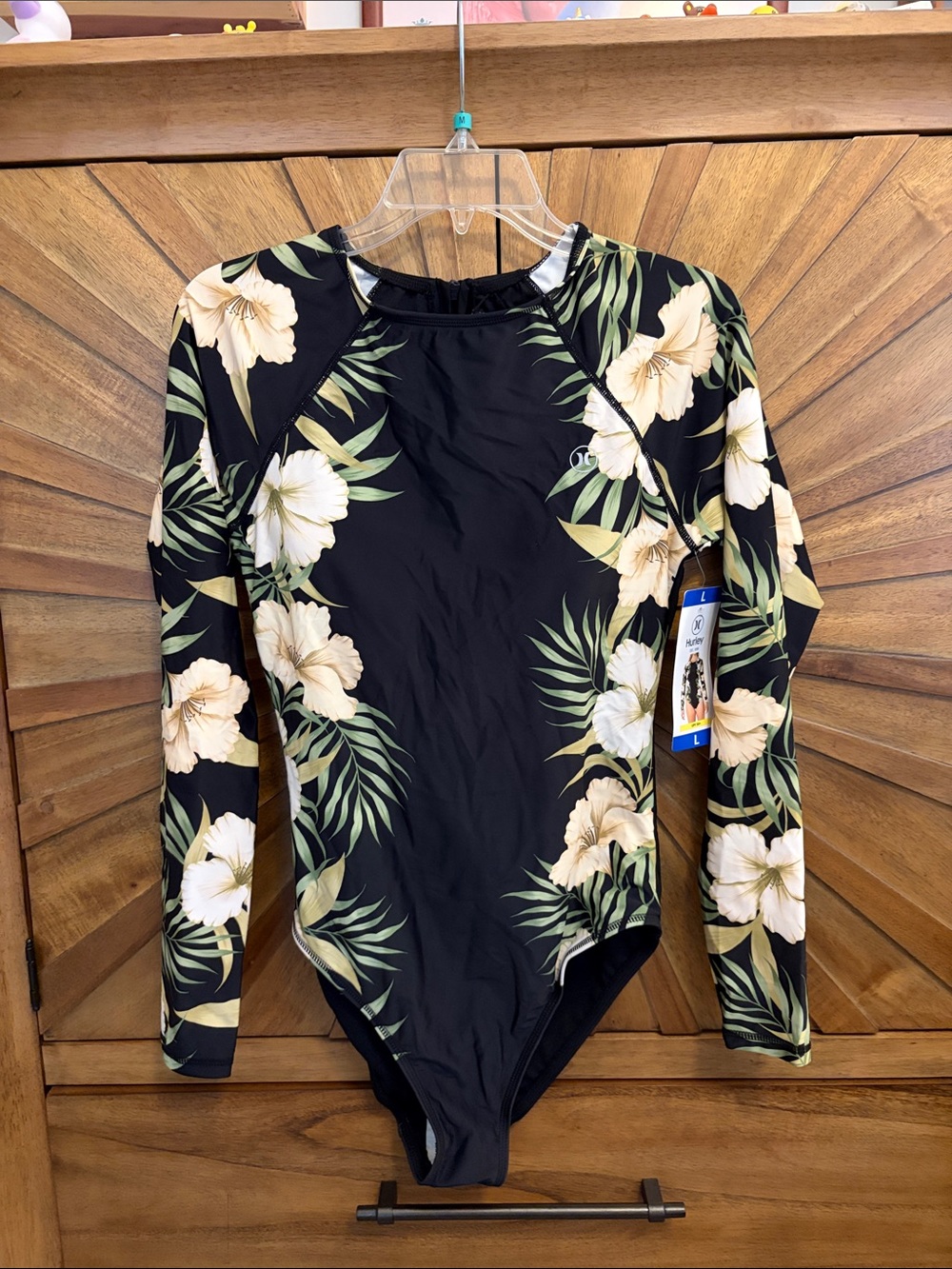 Hurley Black Floral Long-Sleeve One-Piece Swimsuit with Green Leaves